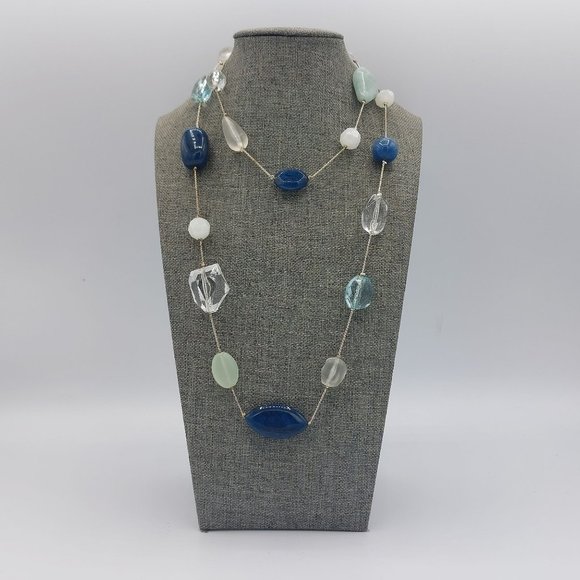 Necklace Silver Toned Chain Satellite Beads Lobster Clasp 36" Blue White - Picture 1 of 7